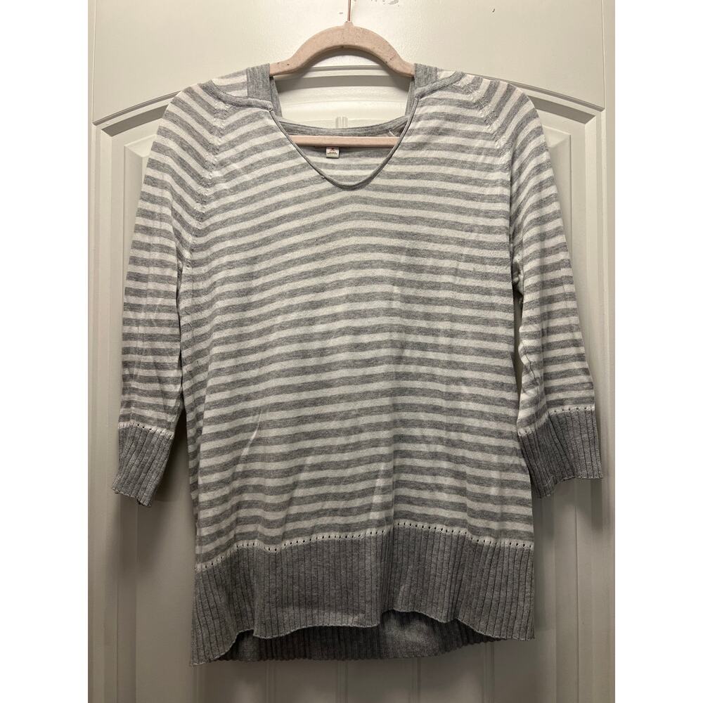 Gap Womenβs V Neck Striped Pullover Hooded Sweater Top Size M Petiteβ Gray White